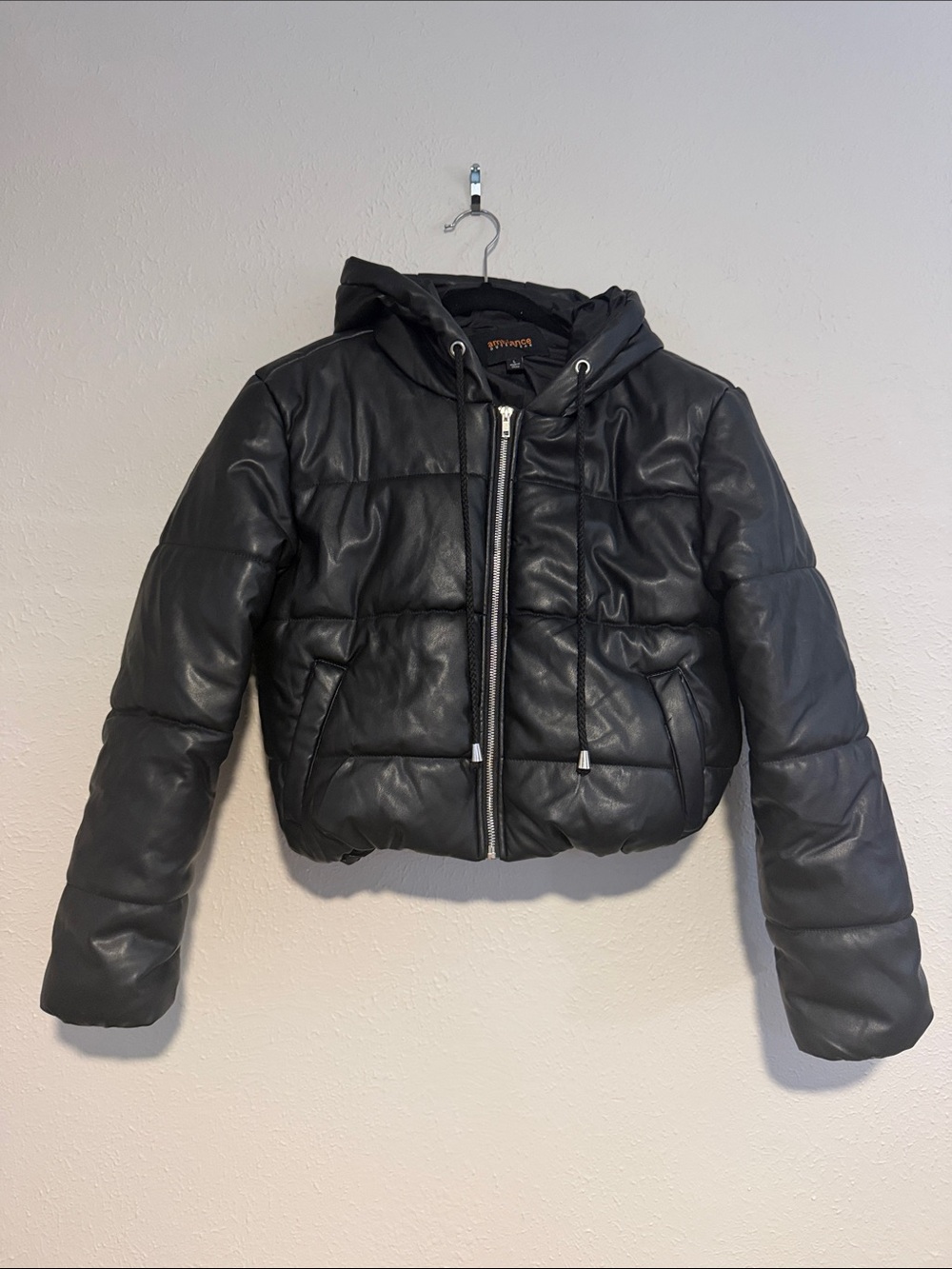 Cropped faux leather Black Puffer Jacket with Hood